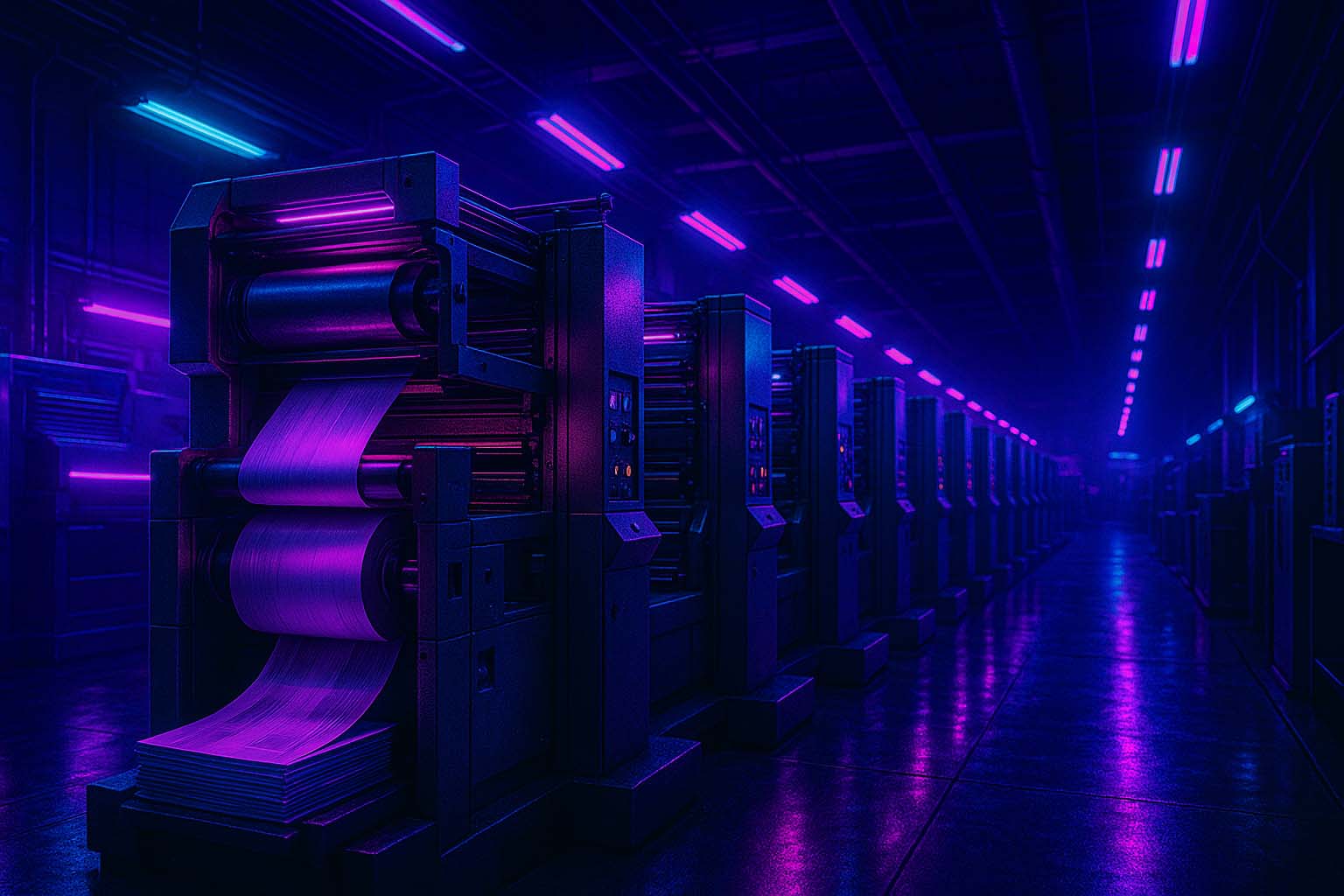 فضای چاپخانه صنعتی با نور نئونی بنفش و آبی در حال چاپ تیراژ بالا به سبک آینده گرایانه و دقیق