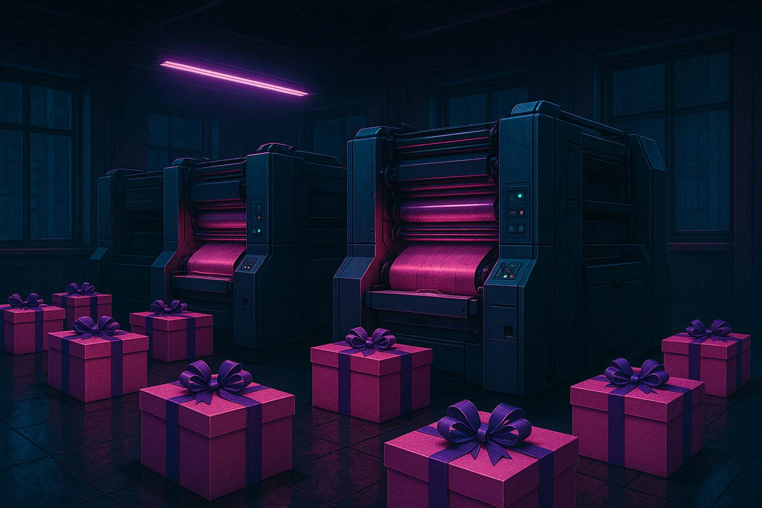 نمای کلی از چاپخانه مدرن در حال چاپ جعبه های هدیه سازمانی با دستگاه افست در فضای نورانی و تکنولوژیک