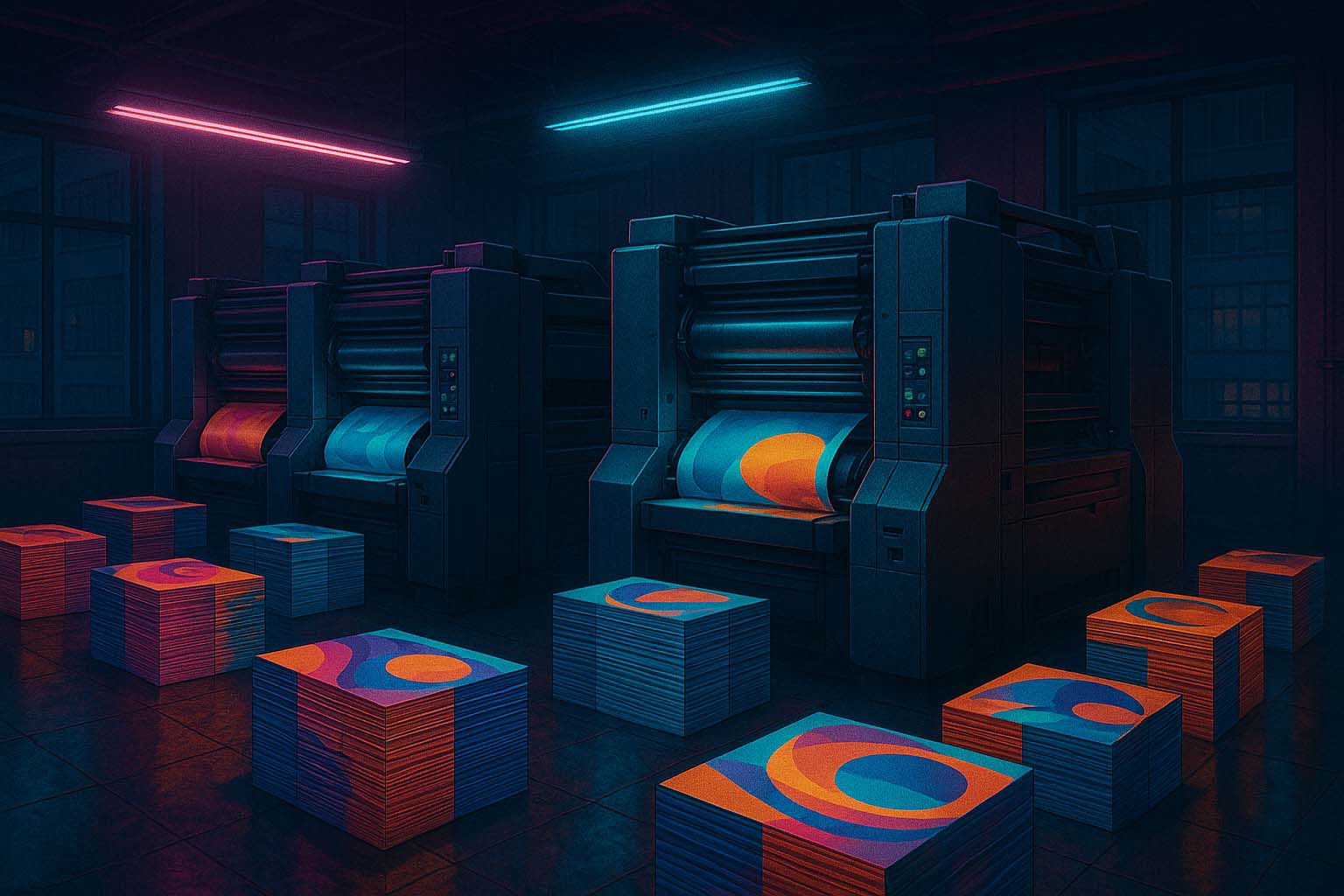 نمای کلی از چاپخانه صنعتی مدرن در حال چاپ بروشور و پوستر نمایشگاهی با دستگاه افست و نورهای نئونی