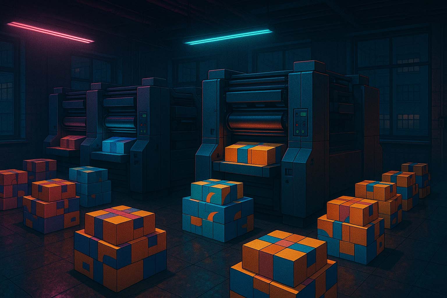 نمای کلی از چاپخانه مدرن در حال چاپ جعبه های چندرنگ بسته بندی با دستگاه افست در محیط صنعتی و نورهای نئونی