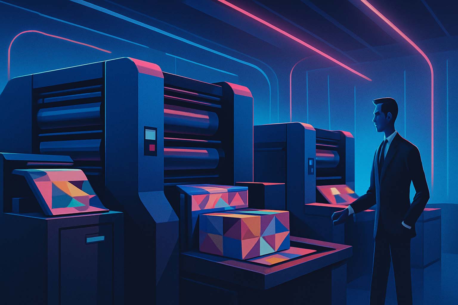 نمای کلی از چاپخانه مدرن در حال چاپ کارتن های بسته بندی رنگی با دستگاه افست و نورهای نئونی