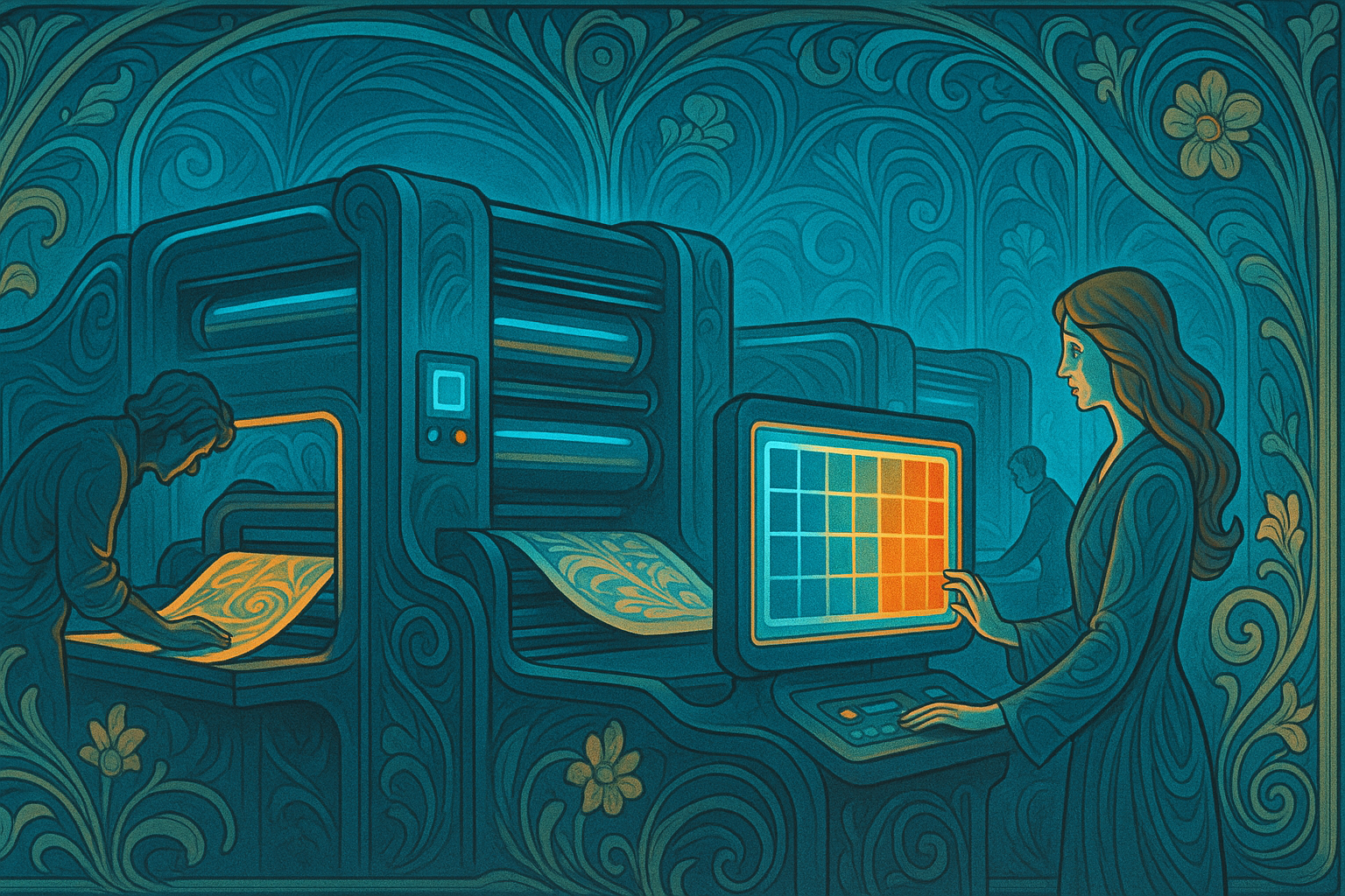 نمای کلی از چاپخانه مدرن با دستگاه های افست و تکنسین های کنترل رنگ در حال چاپ تیراژ بالا و ایمن