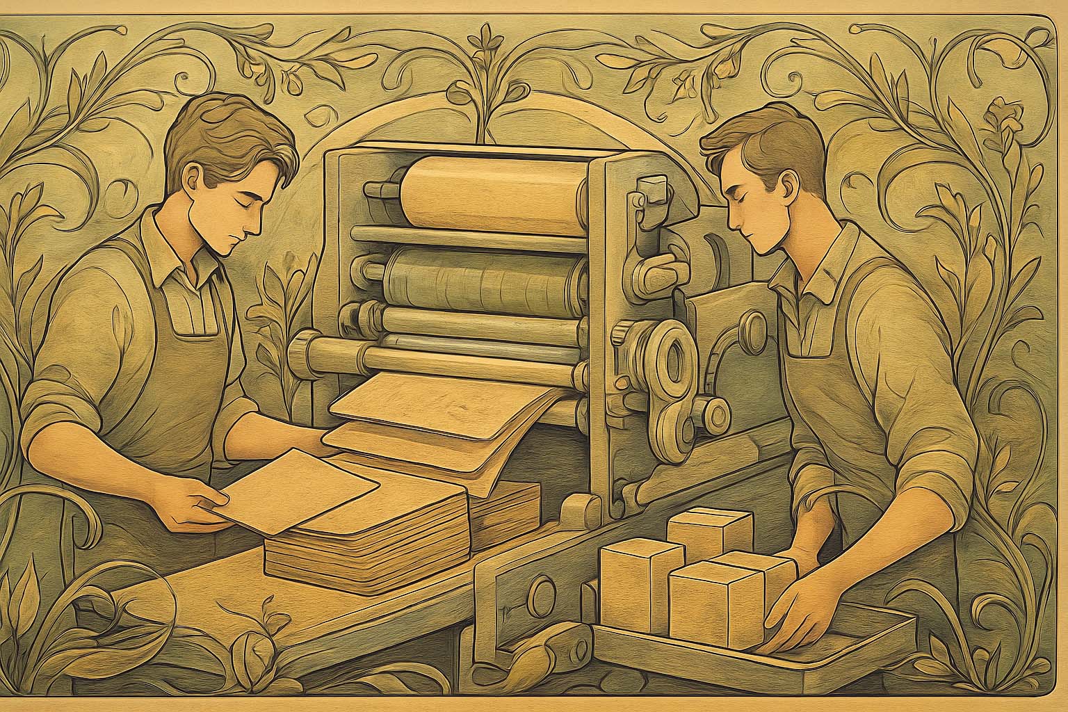 نمای هنری از فرآیند چاپ بسته بندی با مقوای بازیافت شده در محیط چاپخانه سبز