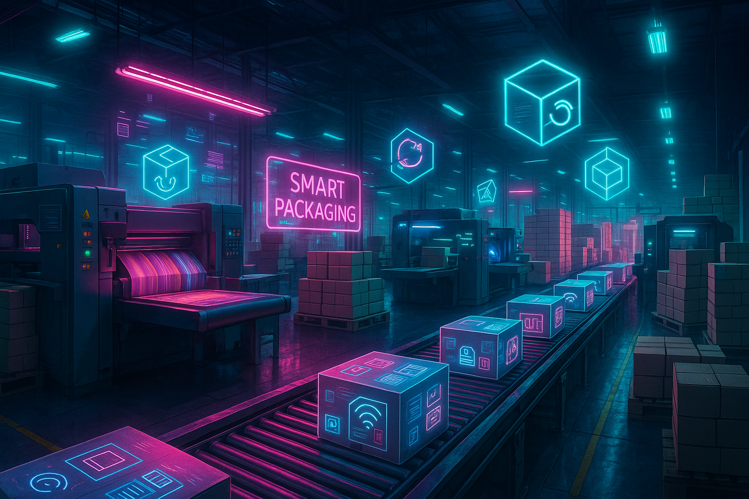 نمای گسترده از چاپخانه در حال تولید بسته بندی هوشمند با نور نئونی و فناوری واقعیت افزوده