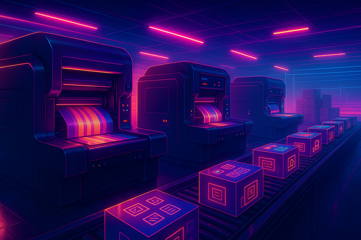 نمای گسترده از خط چاپ صنعتی در حال تولید بسته بندی جسورانه با رنگ های نئونی و نور سینمایی