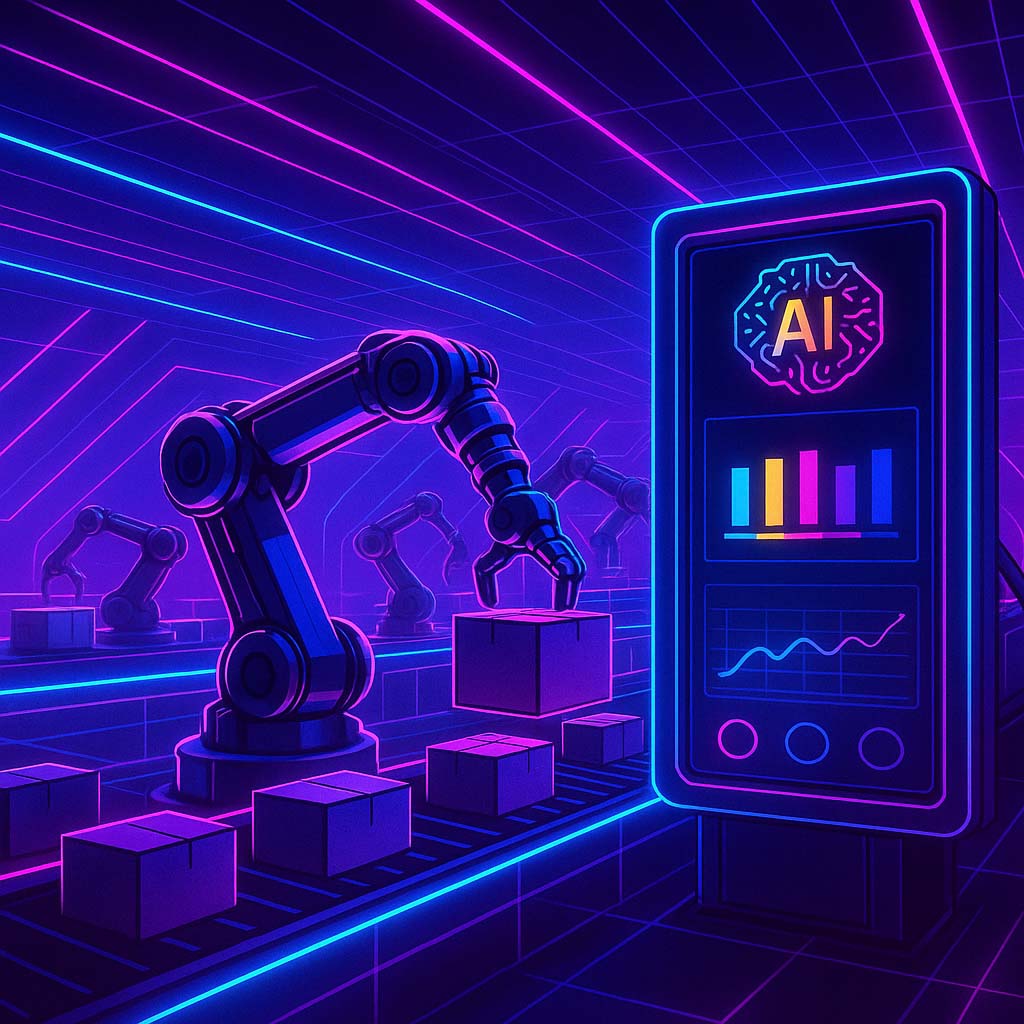 خط تولید بسته بندی هوشمند با ربات های کنترل کیفیت و فناوری هوش مصنوعی در محیط چاپ مدرن