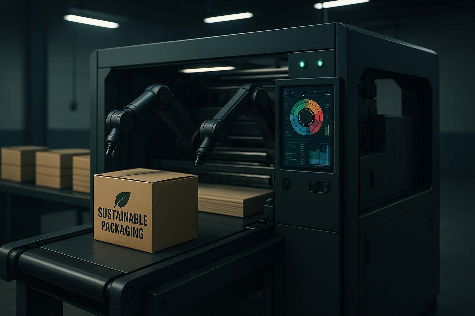 نمای کلی از خط تولید چاپ و بسته‌بندی سبز در محیط صنعتی مدرن با نورپردازی سینمایی