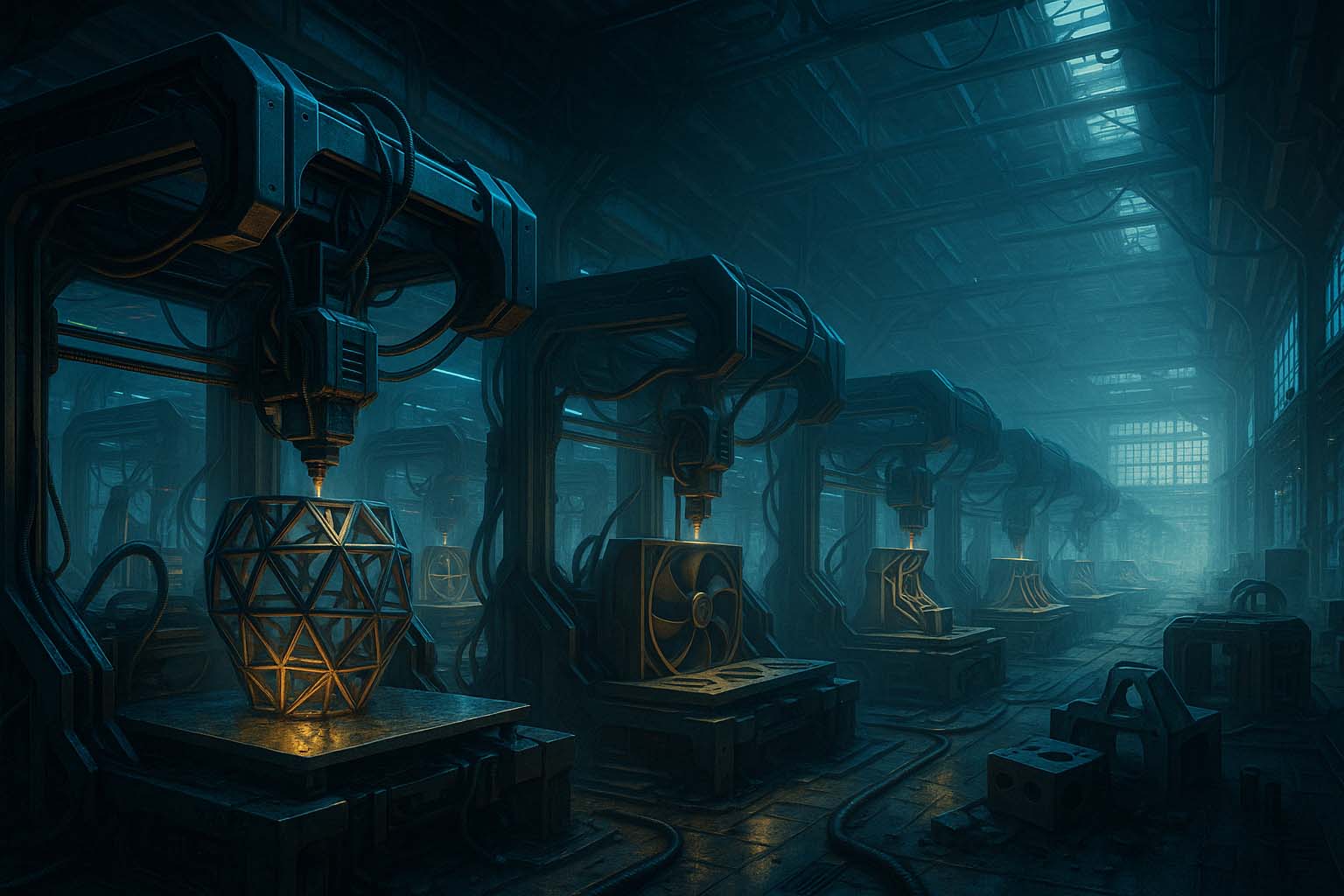 نمای وسیع از کارخانه پیشرفته با چاپگرهای سه بعدی فعال در محیط صنعتی آینده نگر و فناوری چاپ سه بعدی