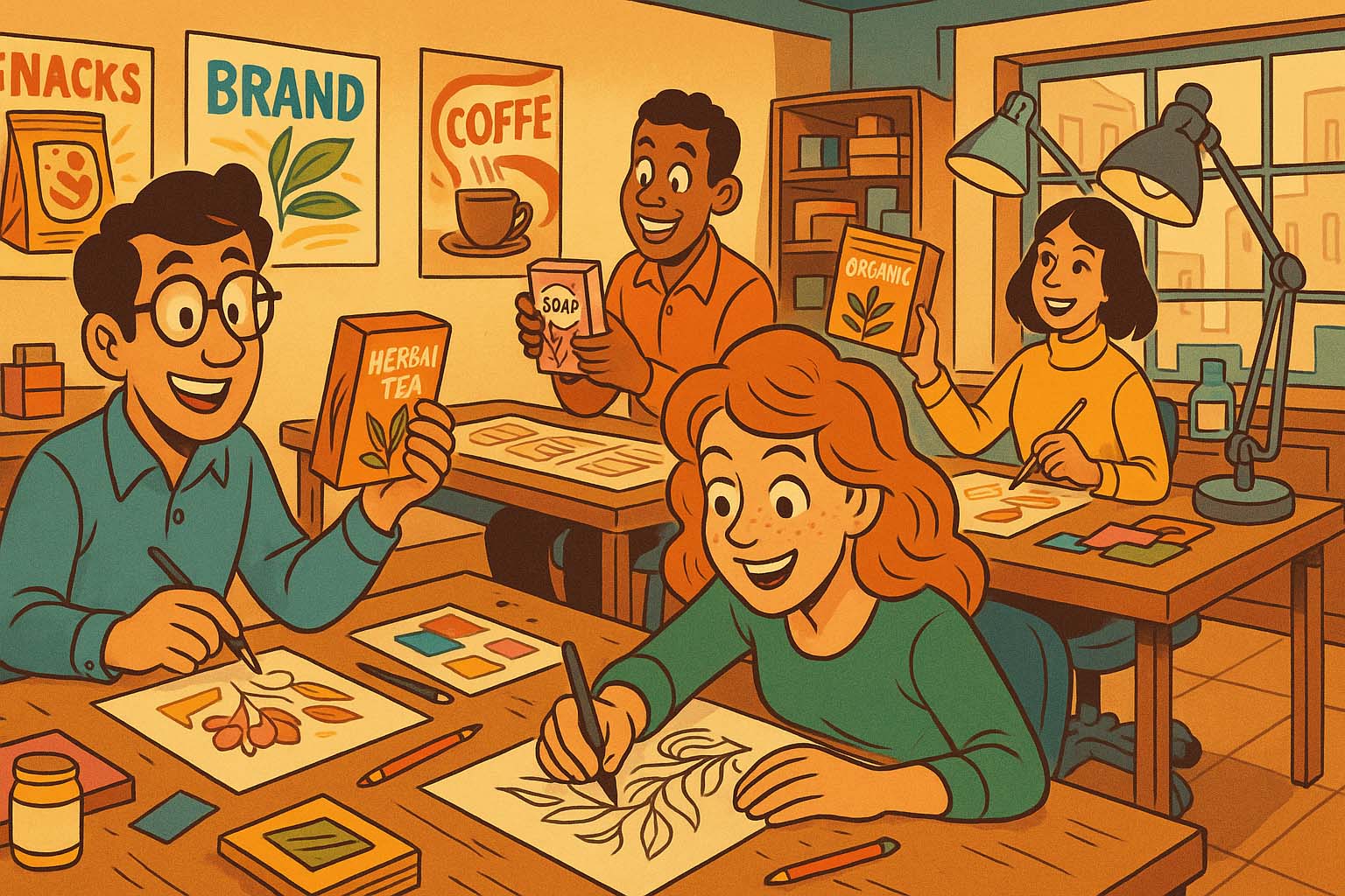 نمای گسترده از استودیو طراحی که تیمی از طراحان در حال ساخت بسته بندی برند با روایت داستان گویی هستند