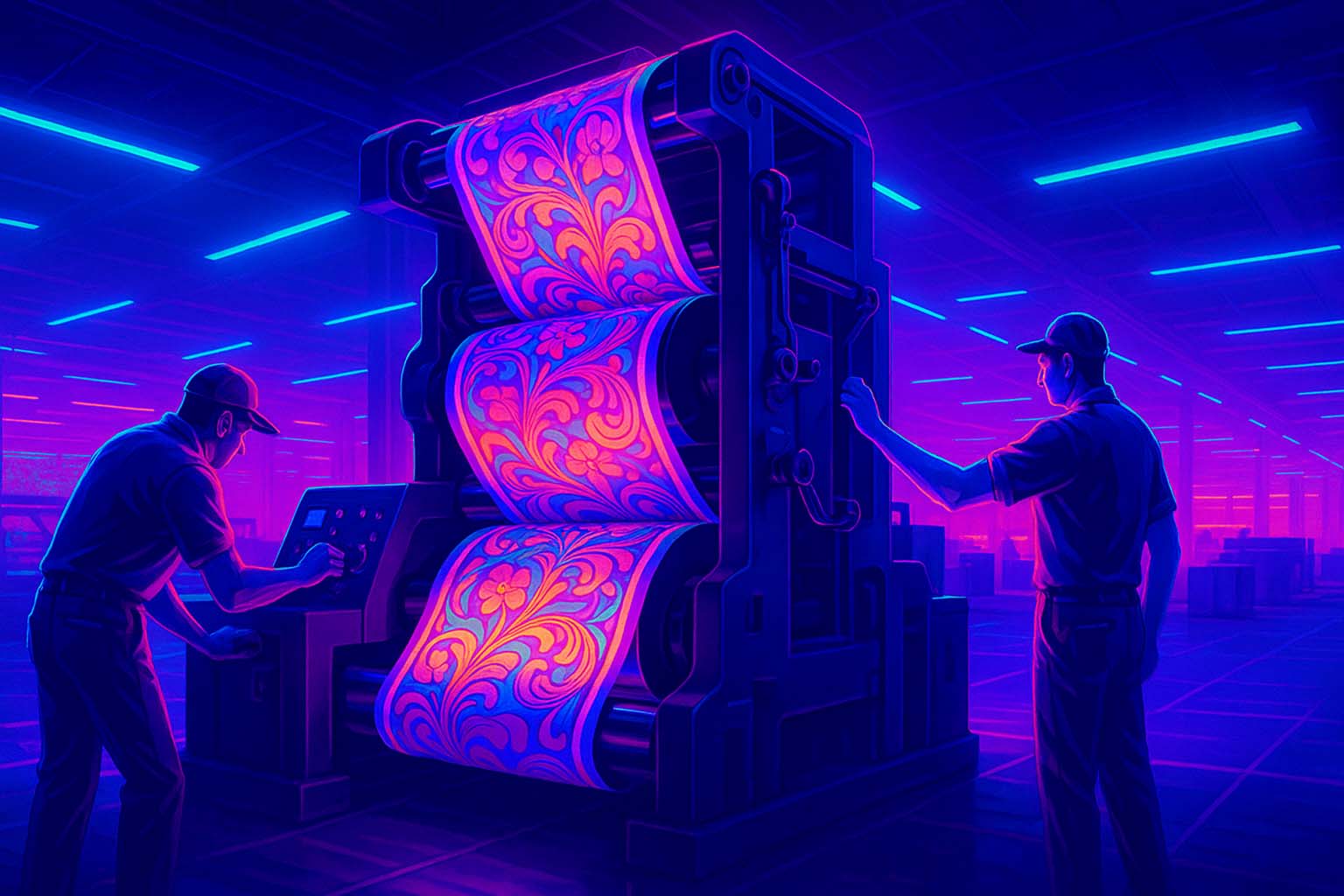 نمای وسیع از کارخانه چاپ فلکسوگرافی با اپراتورهای در حال کار و دستگاه های مدرن چاپ بسته بندی