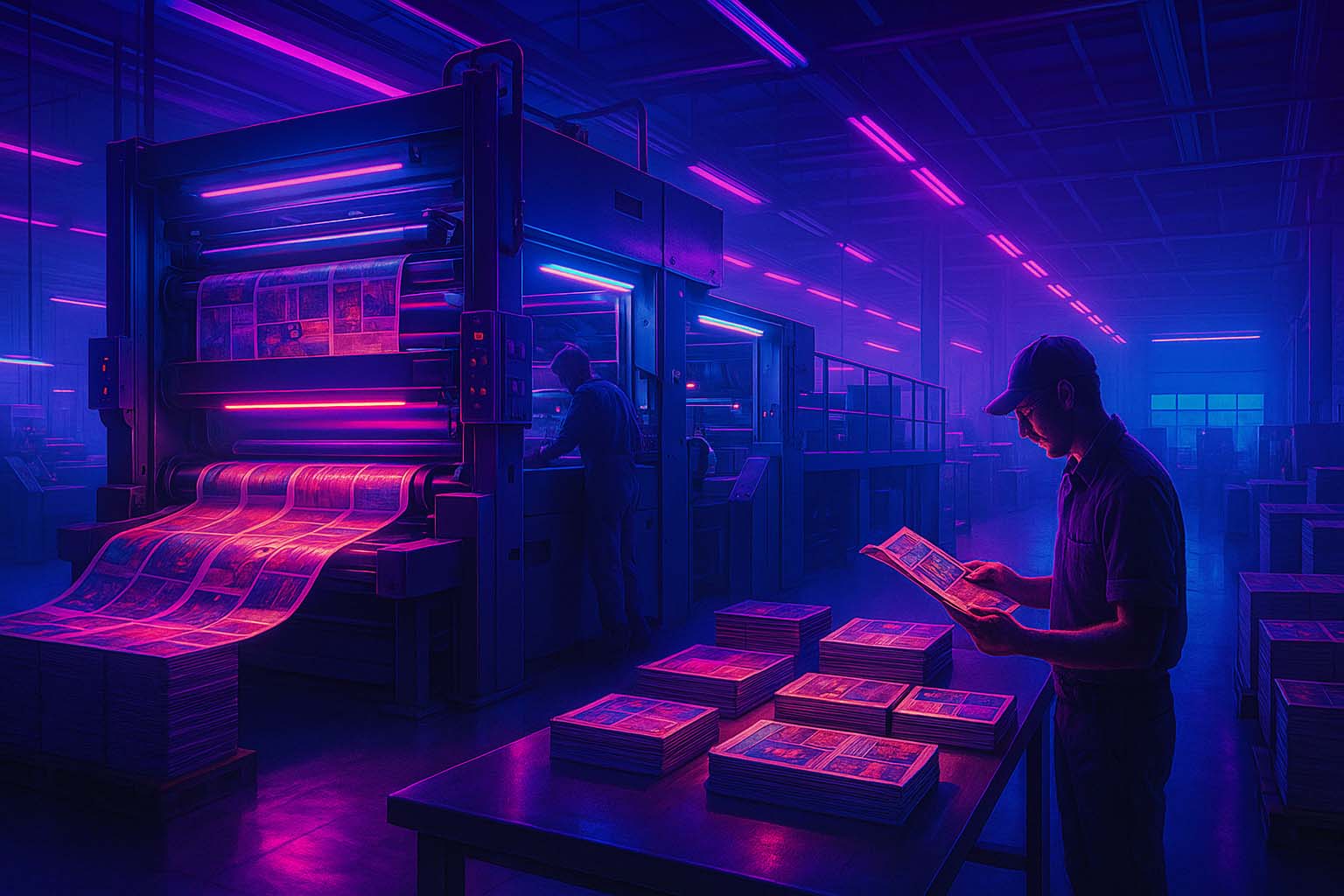 نمای وسیع از چاپخانه مدرن در حال چاپ مجلات با کیفیت بالا در محیط صنعتی چاپ آنلاین