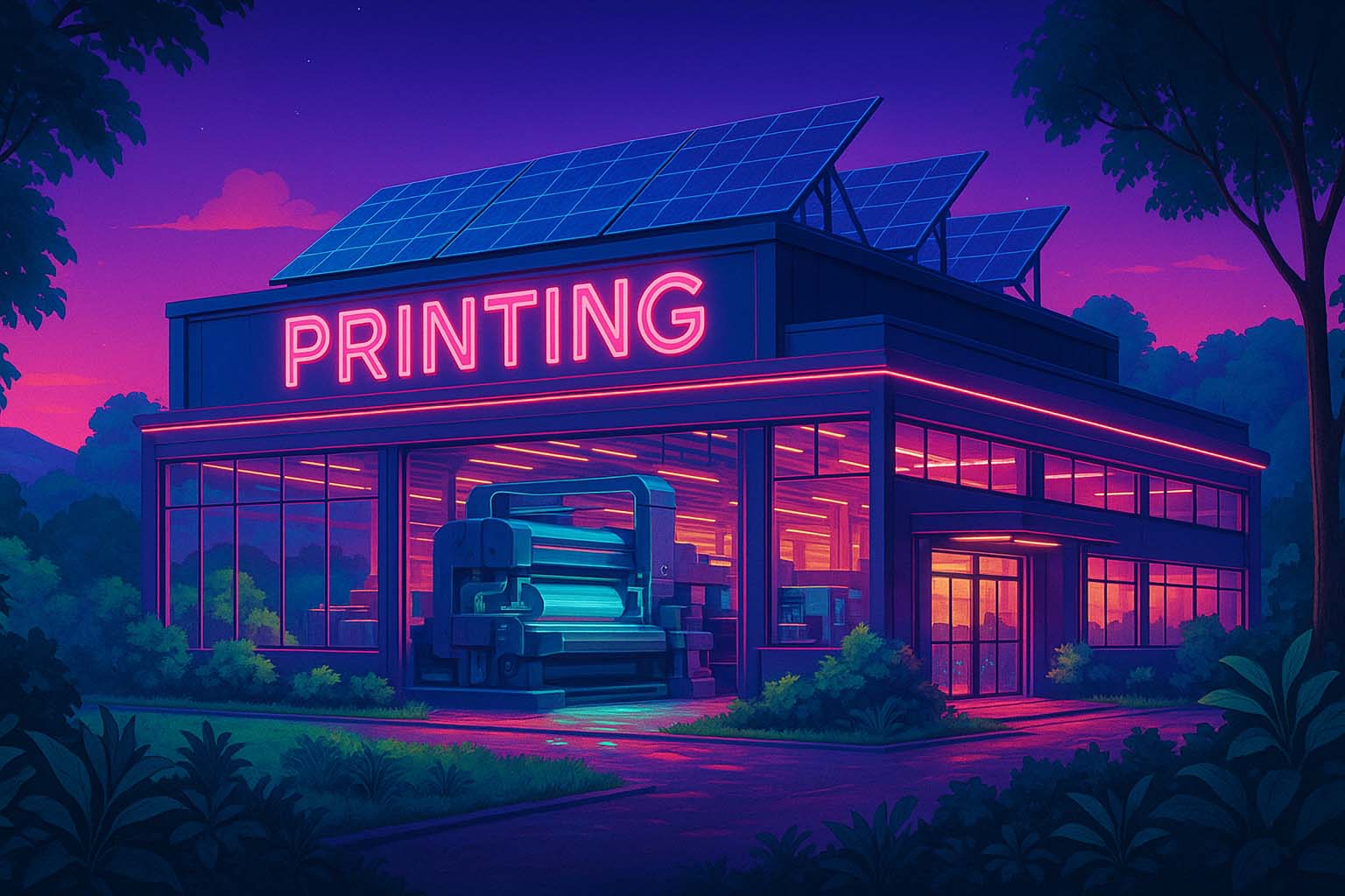 نمای وسیع از چاپخانه مدرن کربن خنثی در میان فضای سبز با نور سینمایی و تجهیزات پیشرفته چاپ آنلاین