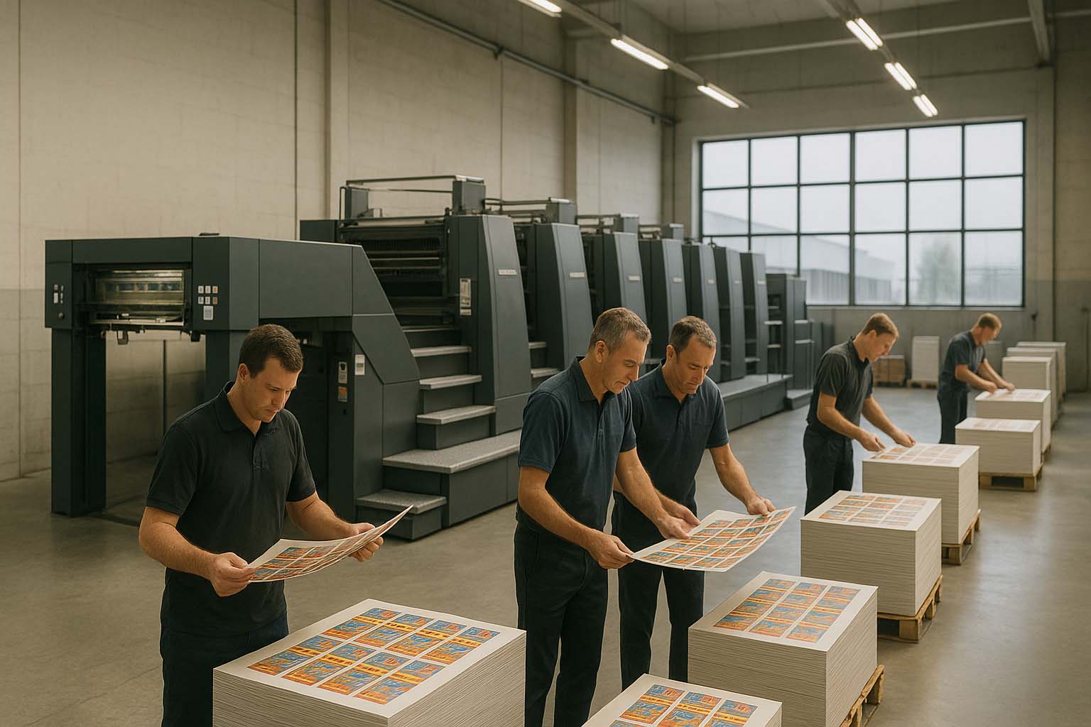 نمای گسترده از کارخانه چاپ افست با اپراتورها در حال بررسی شیت های چاپ شده بسته بندی با نور طبیعی و جزئیات بالا