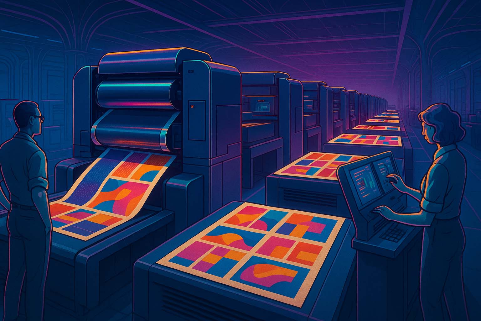 نمای وسیع سالن چاپ با اپراتورها کنار دستگاه چاپ نانوگرافی و خروجی بسته بندی رنگی زیر نورپردازی درخشان و آینده نگر