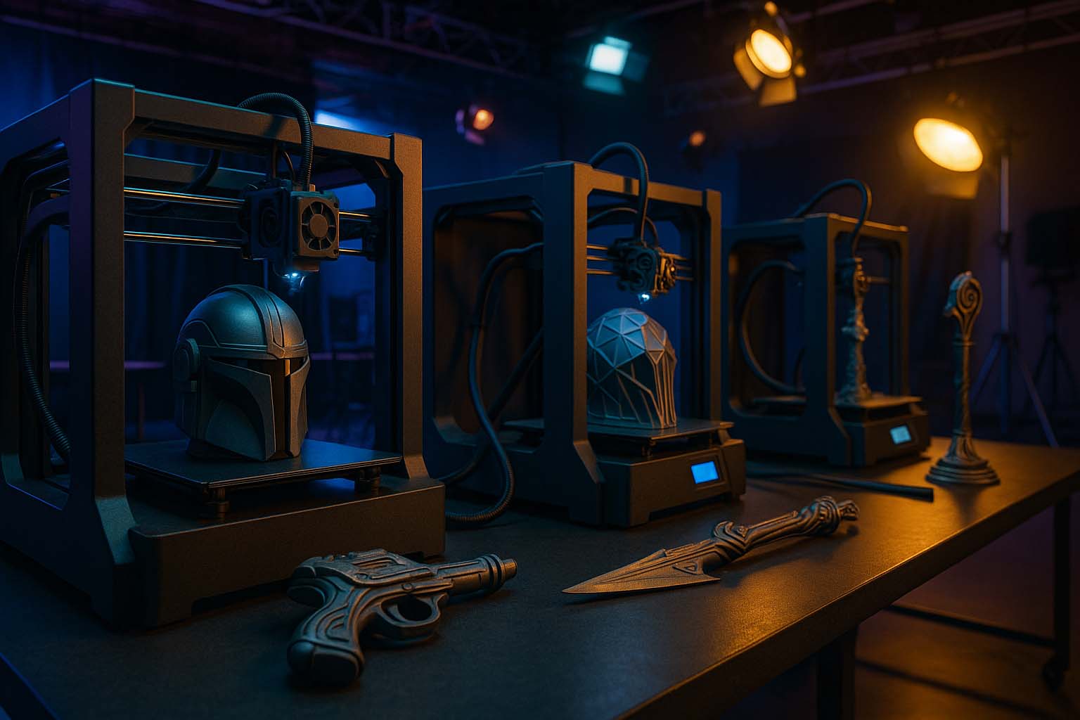 فضای استودیوی فیلم با چاپ سه بعدی در حال تولید عناصر جلوه های ویژه با نورپردازی حرفه ای