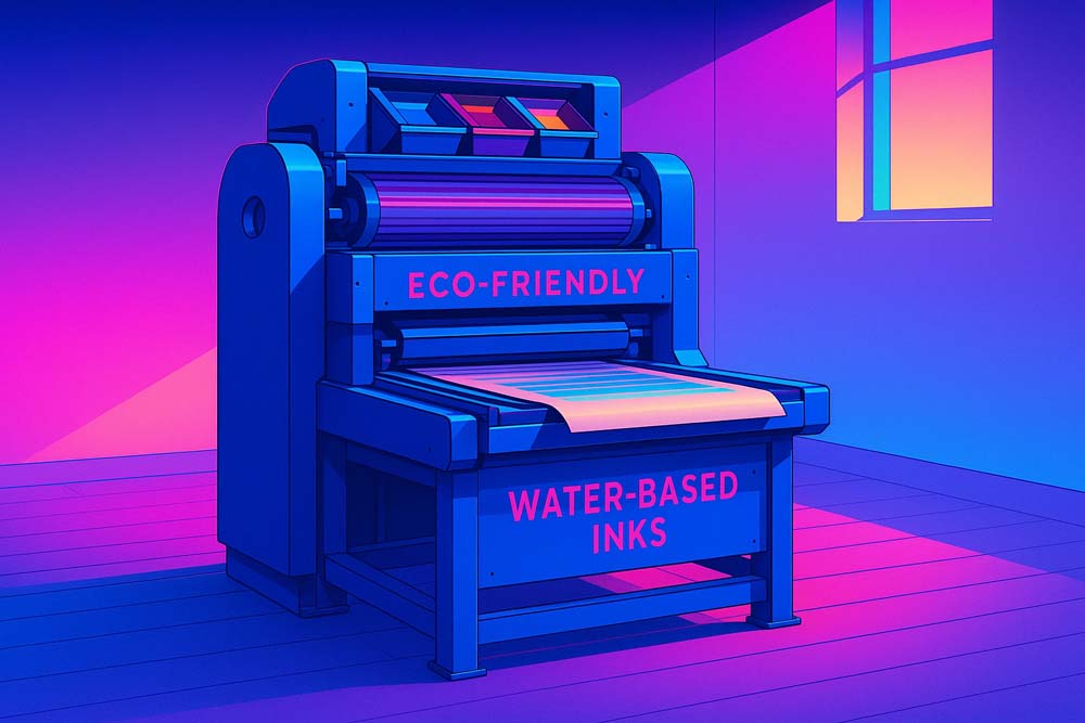 نمای گسترده از دستگاه چاپ مدرن در حال استفاده از جوهر پایه آب با طراحی مینیمال و نور طبیعی محیط چاپخانه