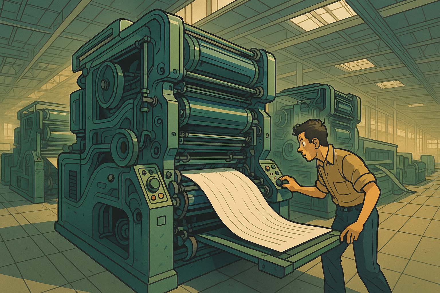 نماي باز از سالن چاپ صنعتي با دستگاه هاي چاپ افست و تکنسين مرد که در حال بررسي جريان کاغذ در يک محيط حرفه اي است