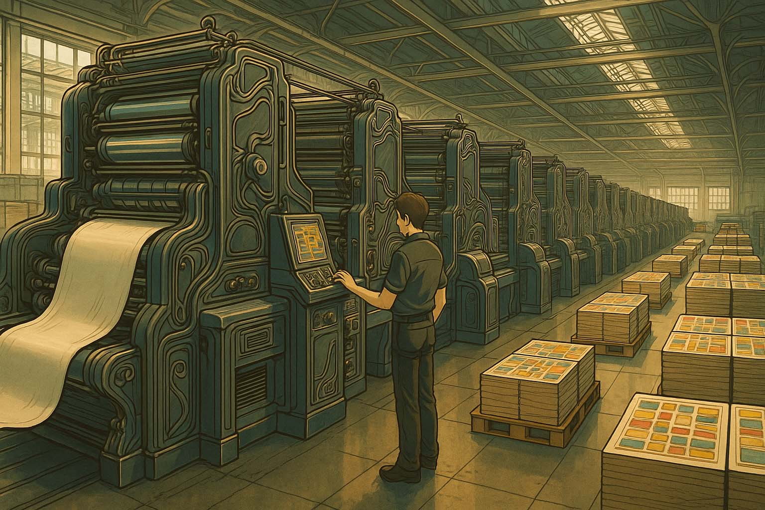 نماي باز از سالن چاپ افست ويژه بسته بندي با ظرفيت بالا که در آن اپراتور مرد جريان کاغذ و عملکرد دستگاه هاي بزرگ را زير نظر دارد