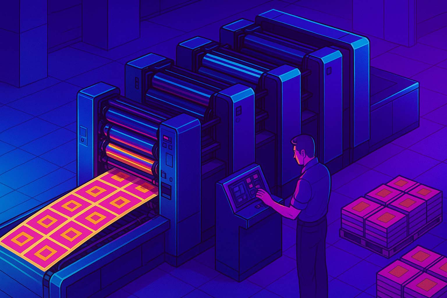 نماي باز از خط چاپ افست براي توليد جعبه هاي صنعتي با اپراتور مرد که جريان کاغذ و عملکرد دستگاه را کنترل ميکند