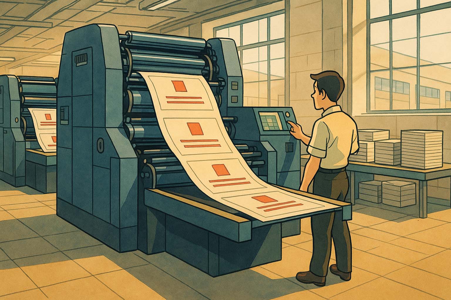 نماي باز از سالن چاپ افست سازمانی با دستگاه های بزرگ و تکنسين مرد که بر جريان کاغذ و دقت رنگ نظارت ميکند و فضای صنعتی حرفه ای را نشان ميدهد