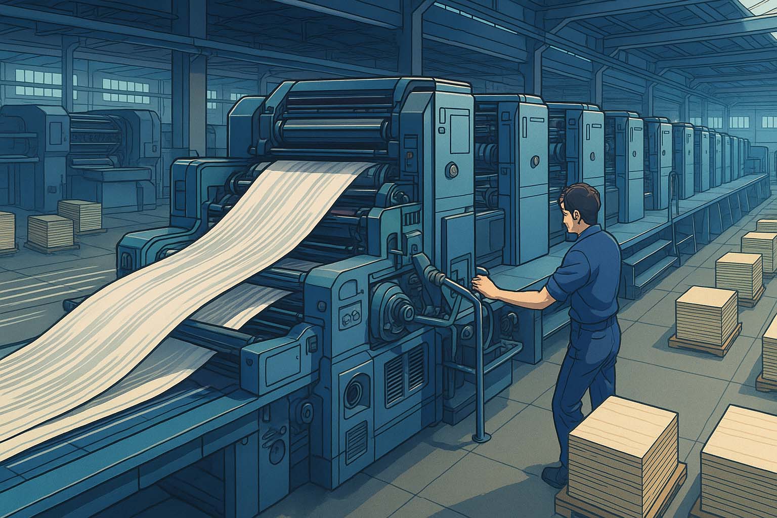 نماي باز از خط چاپ افست تيـراژ بالا در کارخانه با اپراتور مرد که جريان سريع کاغذ و عملکرد دستگاه ها را کنترل ميکند