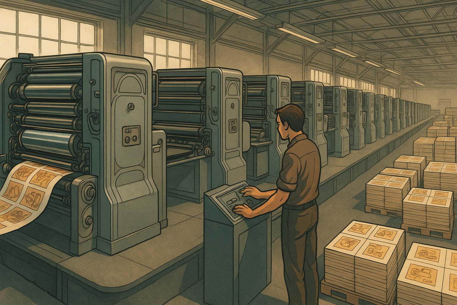 نماي باز از سالن چاپ افست براي توليد بسته بندي اختصاصي با اپراتور مرد که جريان کاغذ و عملکرد دستگاه ها را کنترل ميکند