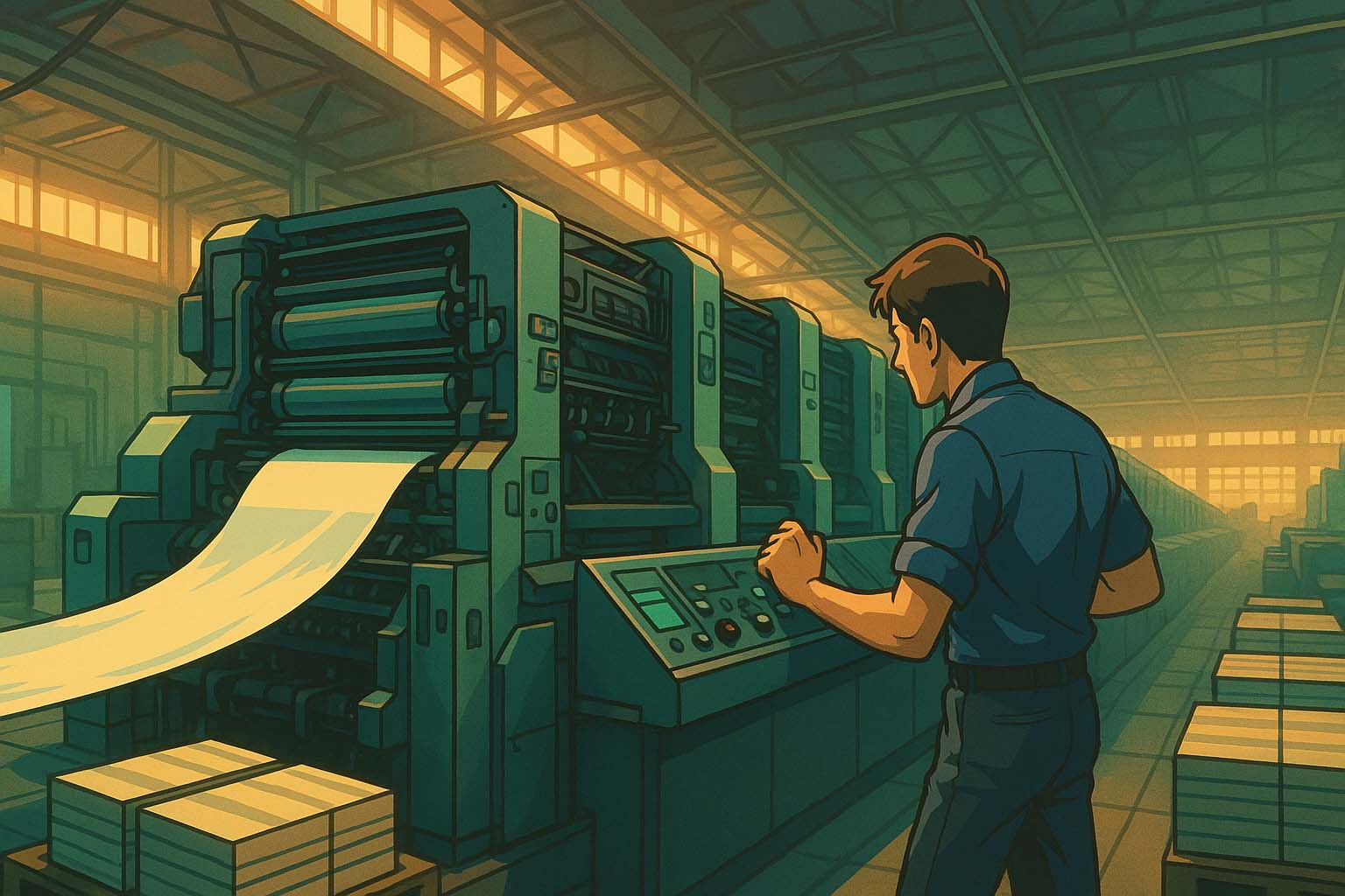 نماي باز از خط چاپ افست صنعتي در سالن توليد با اپراتور مرد که جريان سريع کاغذ و عملکرد دستگاه هاي بزرگ را کنترل ميکند