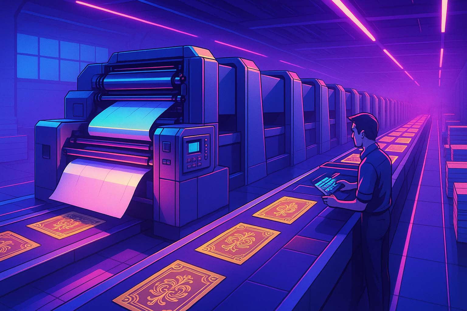 نماي باز از سالن چاپ افست براي بسته بندي لوکس با اپراتور مرد که دقت رنگ و خروجي با کيفيت بالا را کنترل ميکند