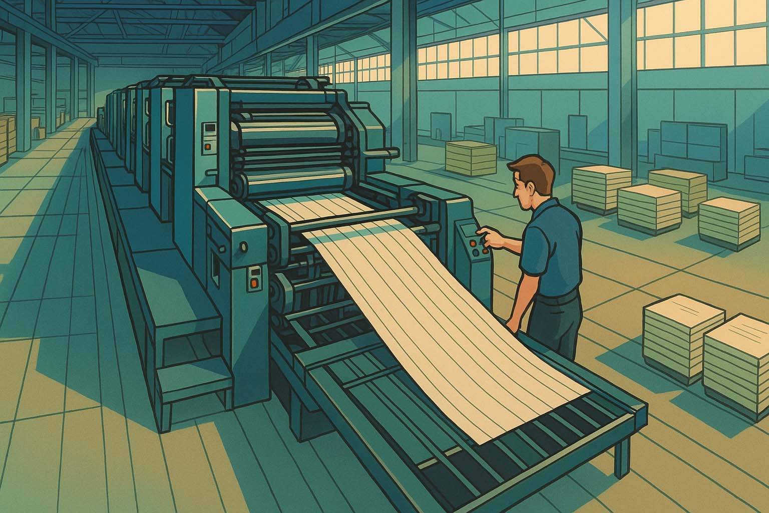 نماي باز از خط چاپ افست تيراژ بالا در سالن توليد با اپراتور مرد که جريان سريع کاغذ را براي کاهش هزينه چاپ کنترل ميکند