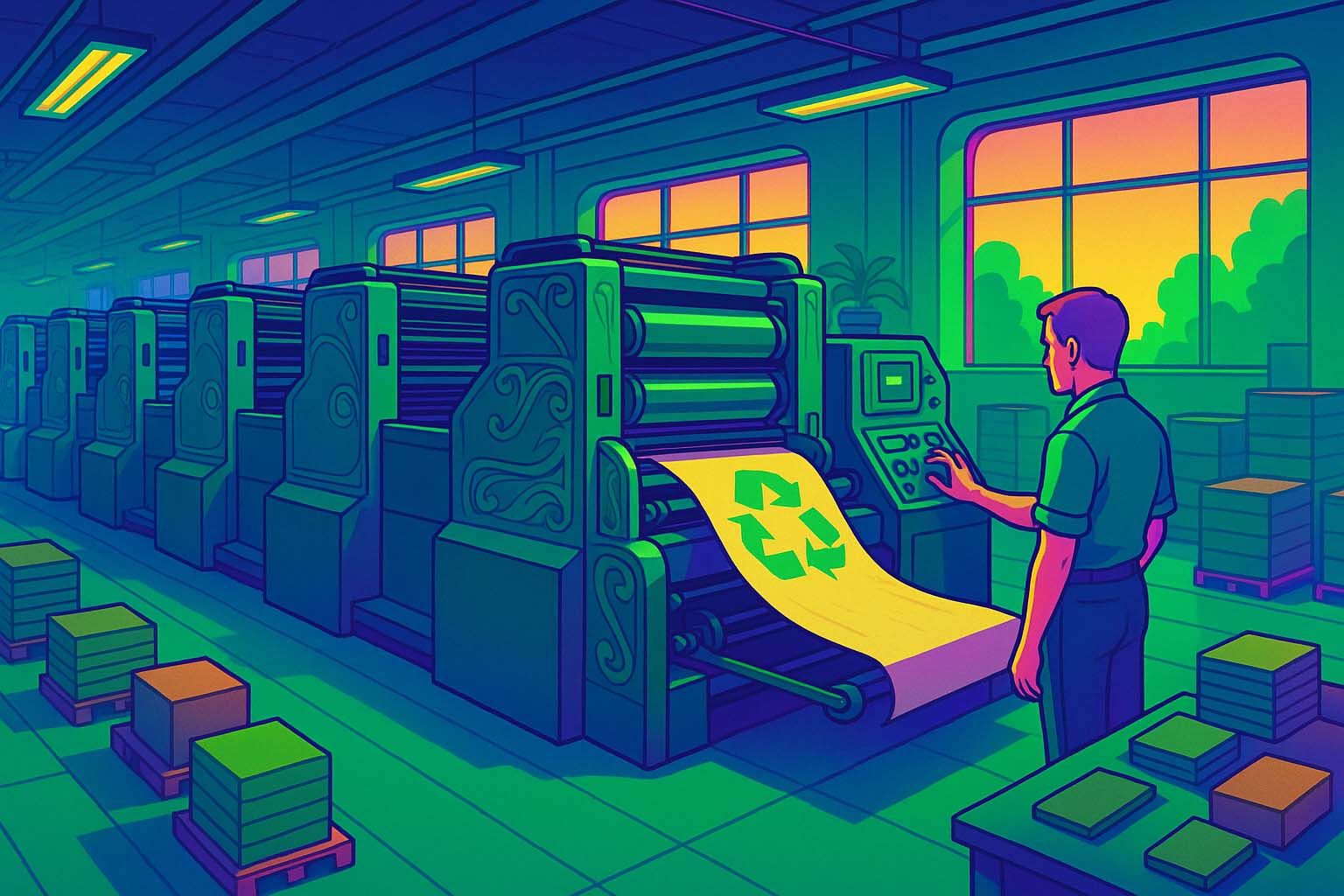 نماي باز از سالن چاپ افست سبز با اپراتور مرد که فرآيند چاپ سازگار با محيط زيست را کنترل ميکند و فضا حال و هواي پايدار دارد