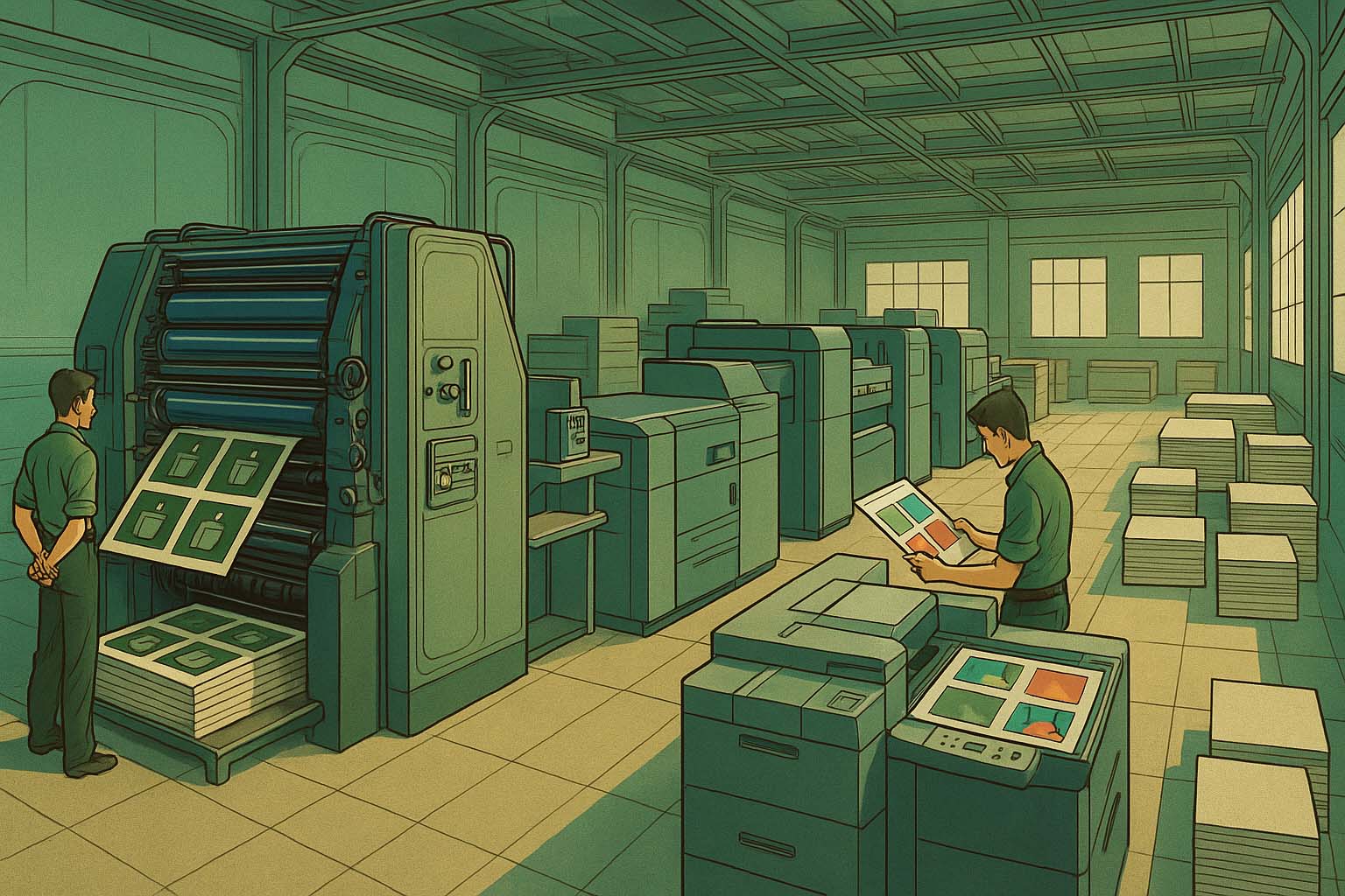 نمای باز از سالن چاپ صنعتی که در آن تفاوت ميان چاپ ديجيتال و چاپ افست با حضور اپراتور مرد در حال نظارت بر مسير چاپ نشان داده ميشود