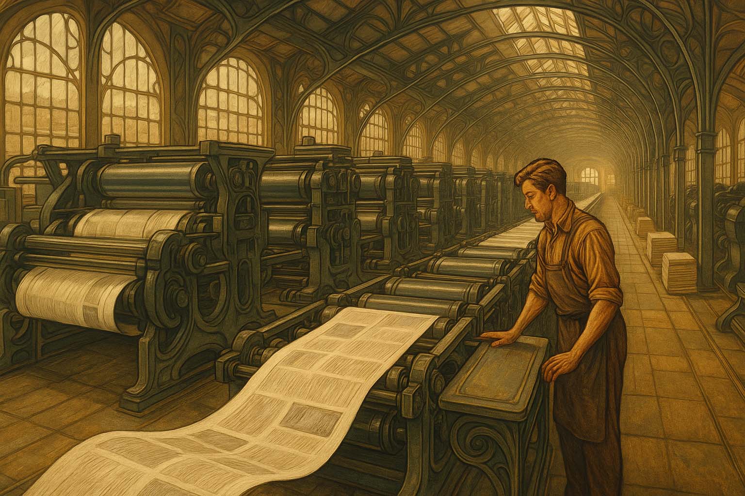 نمای باز از خط چاپ افست سازمانی سریع با اپراتور مرد که جریان کاغذ و فرایند چاپ اقتصادی را کنترل میکند و محیط حرفه ای را نشان میدهد