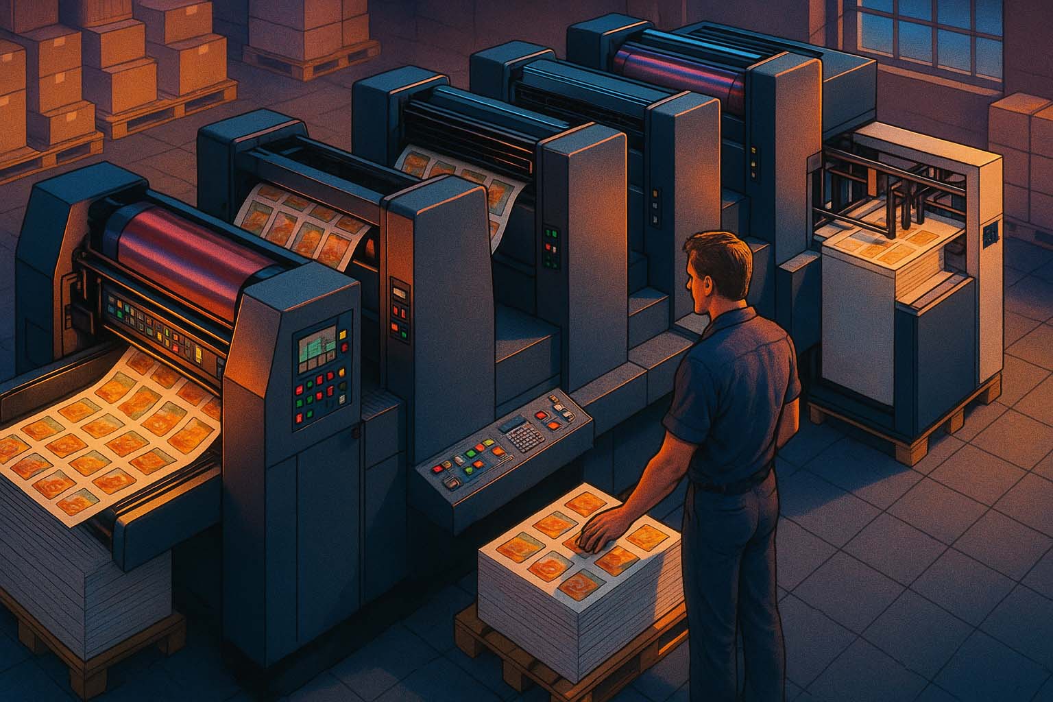 نمای باز از خط چاپ افست در کارخانه بسته بندی غذایی با اپراتور مرد که فرایند چاپ ایمن و مطابق استاندارد را کنترل میکند