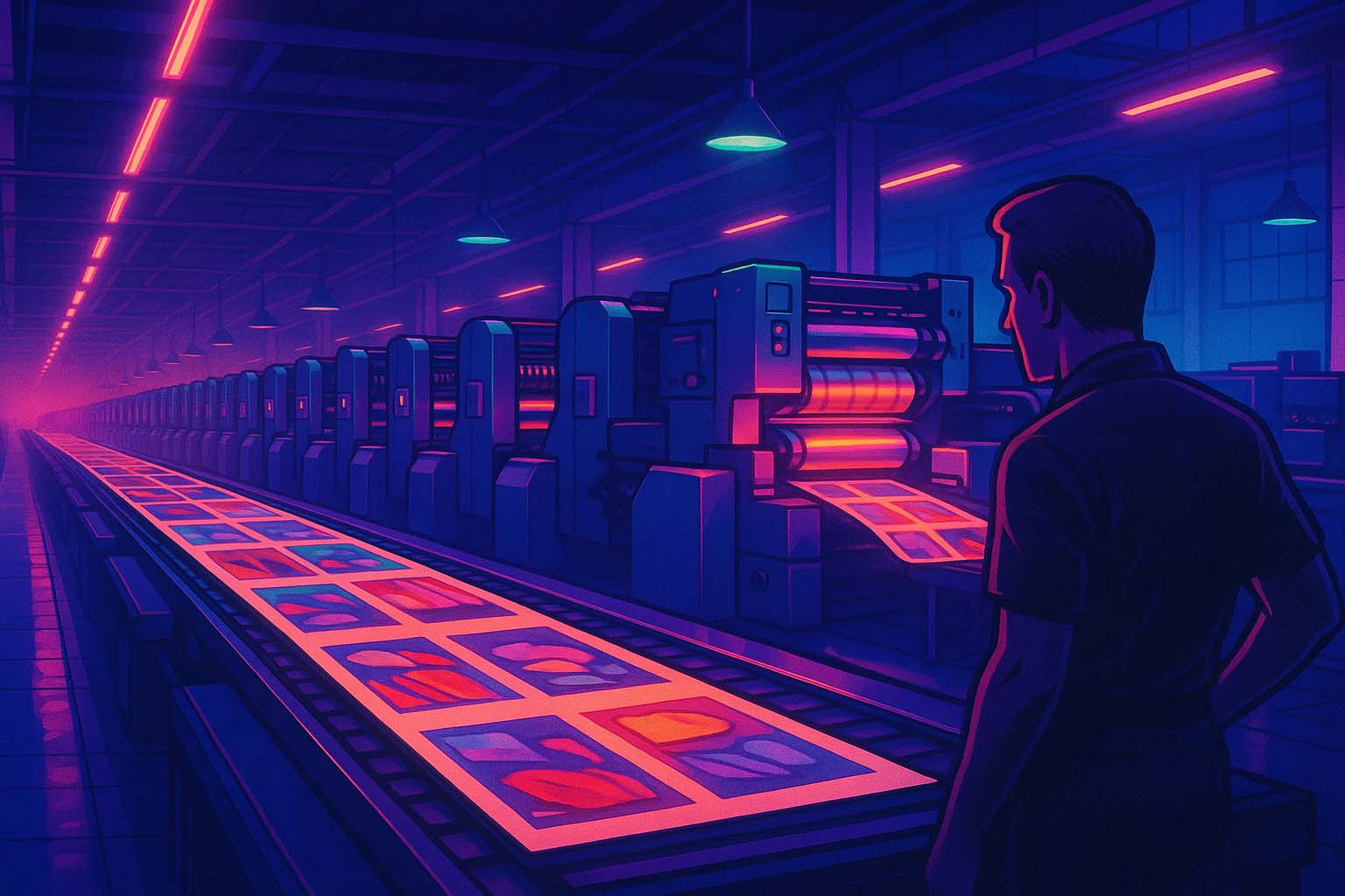 نمای باز از سالن چاپ افست ویژه تیراژ بالا با اپراتور مرد که فرایند تولید سریع بروشور و کاتالوگ را زیر نظر دارد