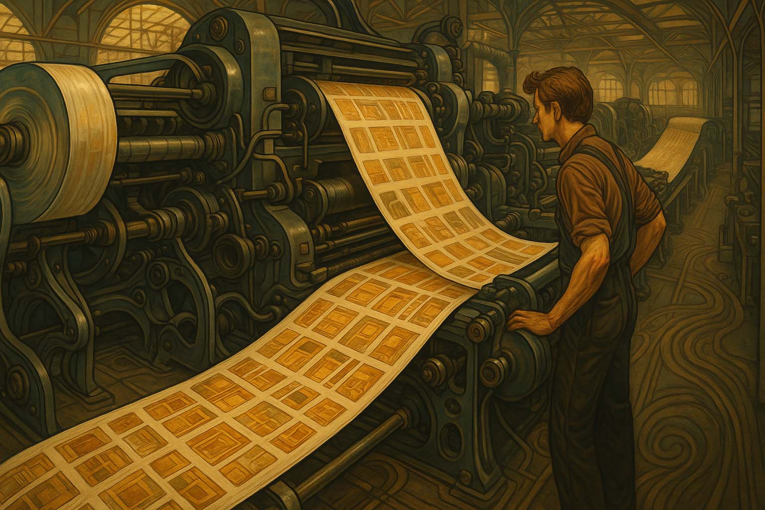 نمای باز از خط چاپ افست صنعتی برای ساخت قطعات بسته بندی با اپراتور مرد که جریان کاغذ و رفع چالش های فنی را کنترل میکند