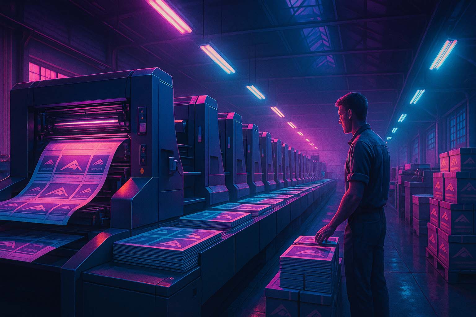 نمای باز از سالن چاپ افست برای توليد جعبه های برند که اپراتور مرد جريان کاغذ و خروجی با کيفيت را کنترل ميکند و فضای حرفه ای را نشان ميدهد