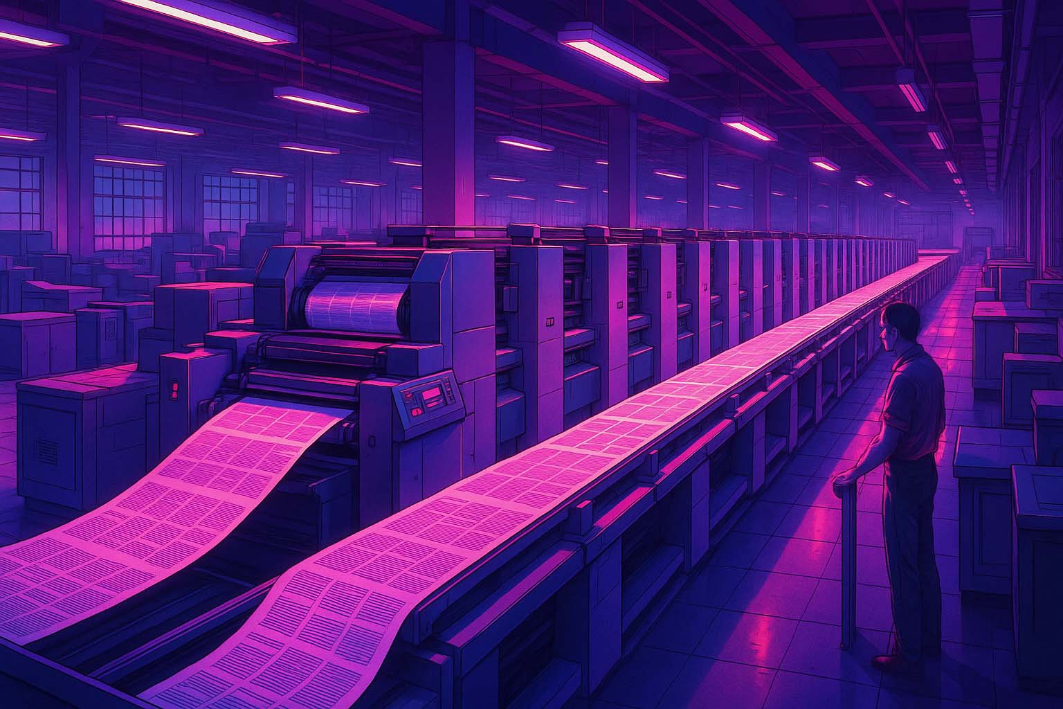 نمای باز از خط چاپ افست سازمانی در سالن اداری با اپراتور مرد که جریان سریع کاغذ و تولید مدارک سازمانی را کنترل میکند