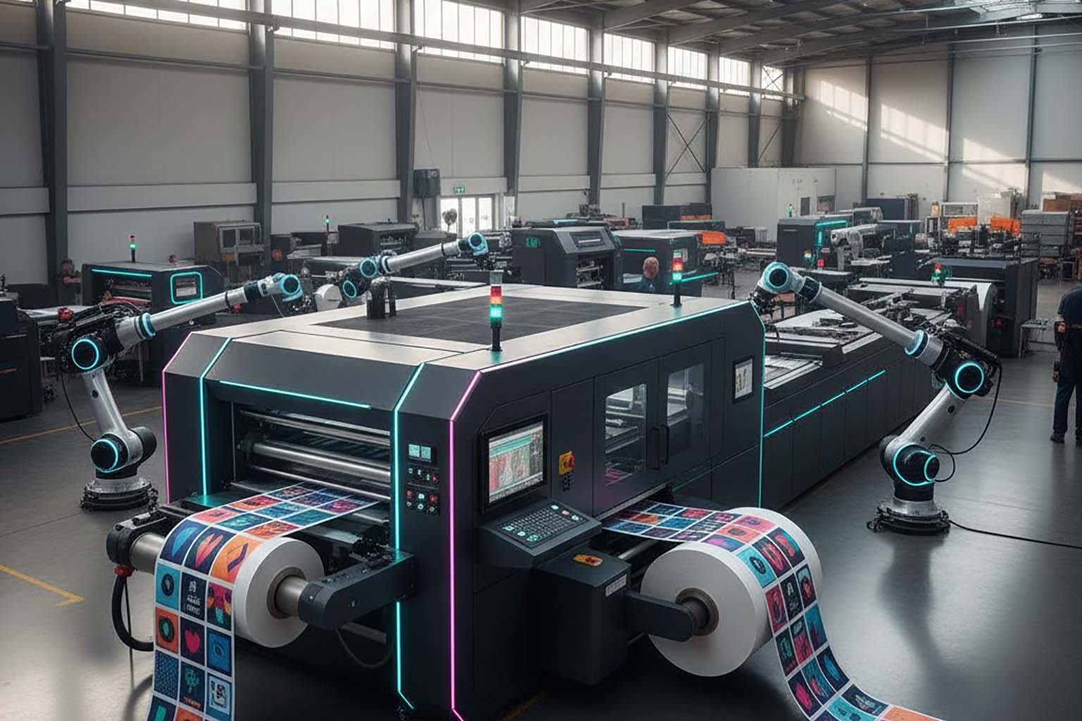 نمای وسیع از محیط چاپ دیجیتال در حال چاپ محتوای شخصی سازی شده که فرایند چاپ داده های متغیر را نشان می دهد