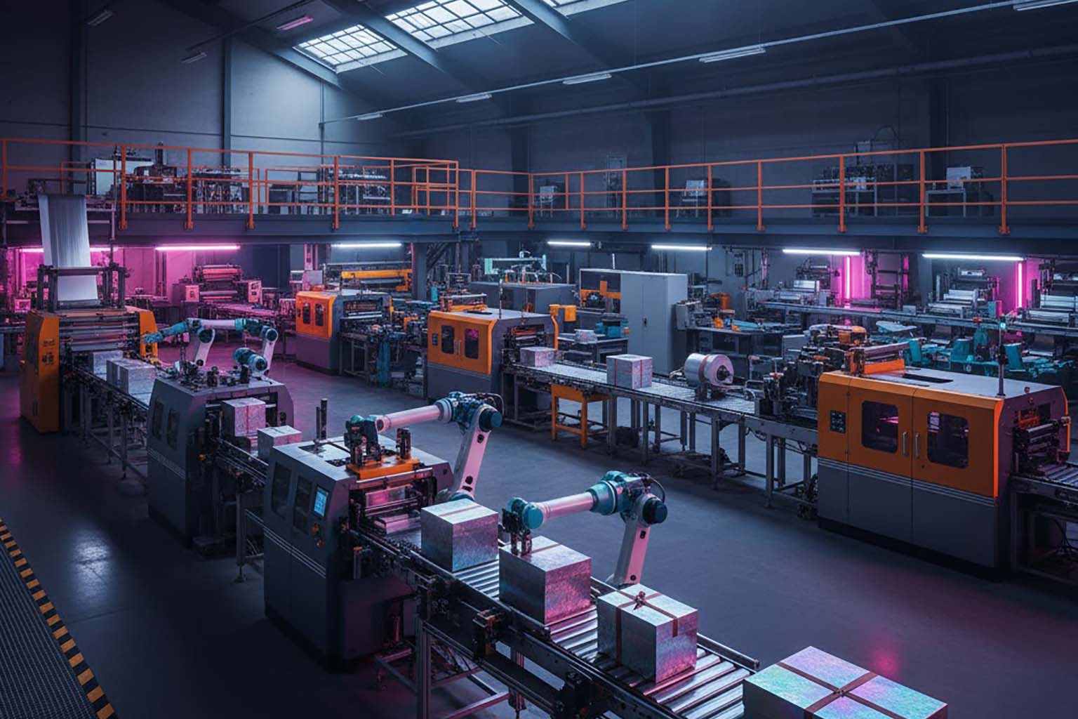 نمای وسیع از محیط تولید بسته بندی لوکس در چاپ صنعتی که جزییات روندهای مدرن بسته بندی لوکس را نمایش می دهد