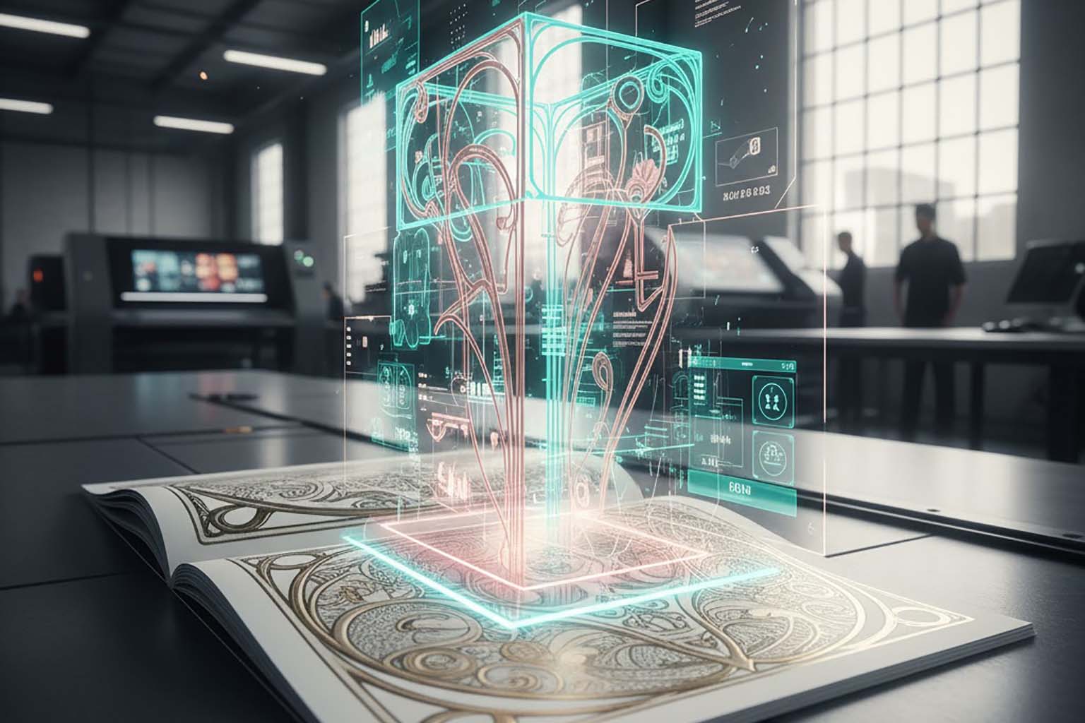 نمای گسترده از بروشور چاپی که با واقعیت افزوده محتوای دیجیتال تعاملی روی آن ظاهر می شود