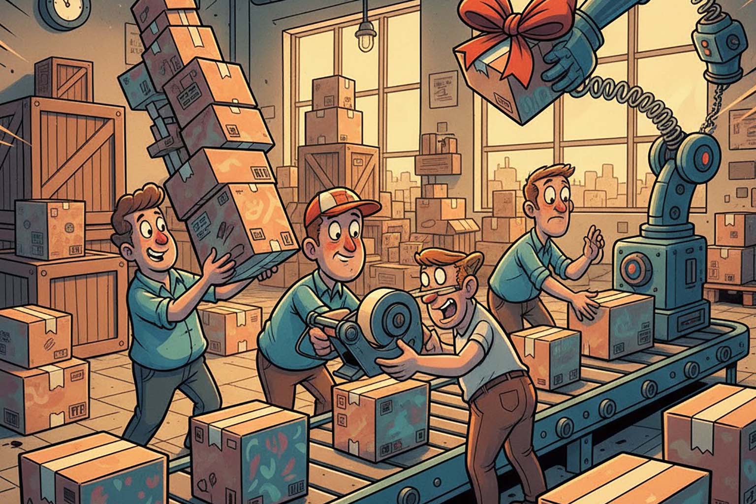 نمای گسترده از آماده سازی جعبه های محصول برای ارسال در تجارت الکترونیک که اهمیت بسته بندی را نمایش می دهد