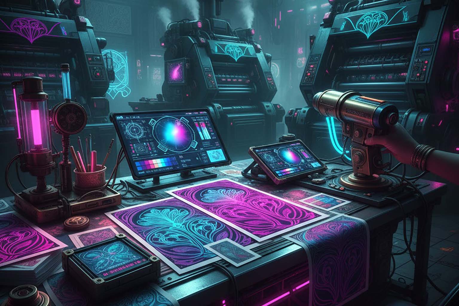 نمای گسترده از محیط کار چاپ با نمونه های چاپی و ابزارهای کنترل کیفیت برای بررسی خطاهای فایل چاپ