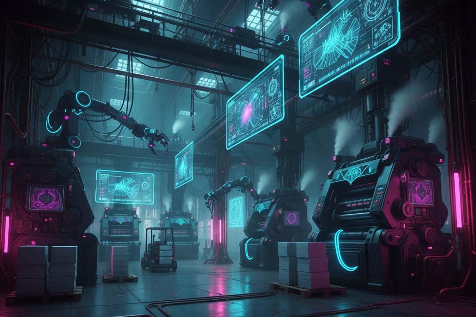 نمای گسترده از چاپخانه دیجیتال مجهز به سیستم های مدیریت سفارش که مفهوم چاپ بر حسب تقاضا را نشان می دهد