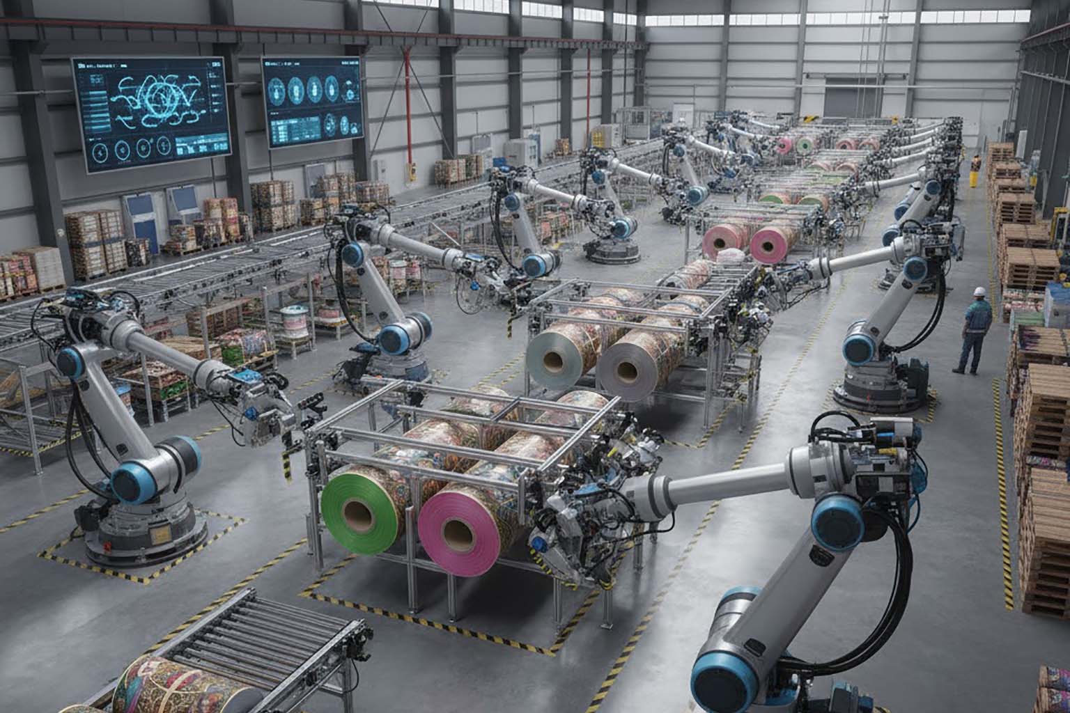 فضای داخلی یک کارخانه مدرن صنعتی در حال تولید بسته‌بندی انعطاف پذیر به صورت رول با نظارت کامل رباتیک.