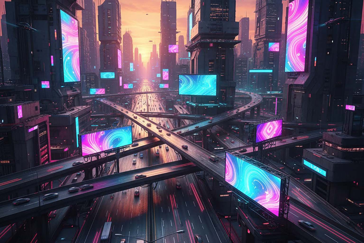 نمای هدر عریض از یک بزرگراه در غروب که چند بیلبورد نوآورانه با فرم غیر معمول در کنار پل ها و ساختمان ها دیده می شود و فضا را متفاوت کرده است.