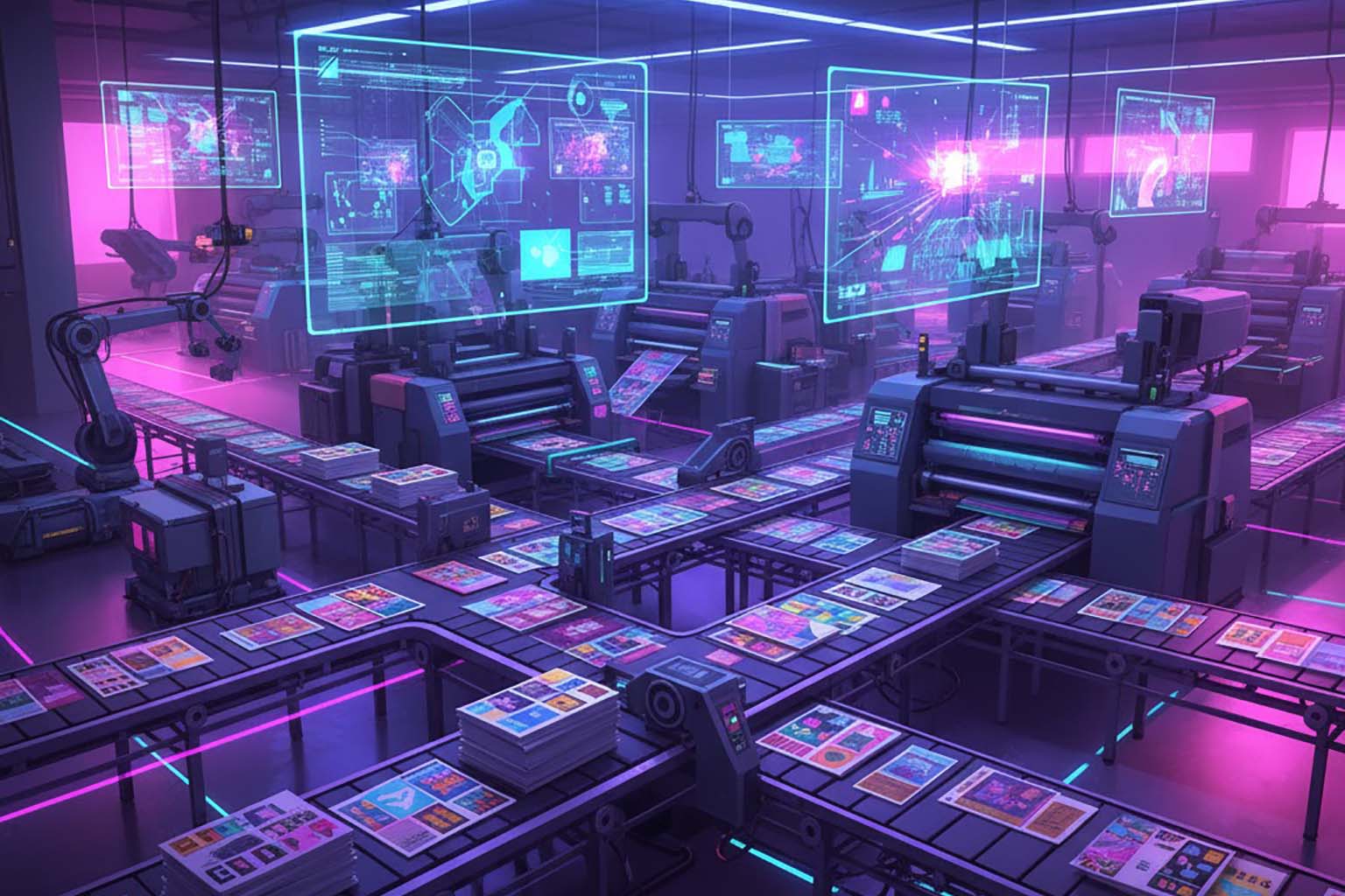 تصویر هدر عریض از یک کارخانه چاپ خودکار که در آن نوار های نقاله محصولات چاپ شده رنگی را جابه جا می کنند و پنل های هوش مصنوعی مانند هولوگرام در بالای آن ها در حال تحلیل طرح ها هستند.