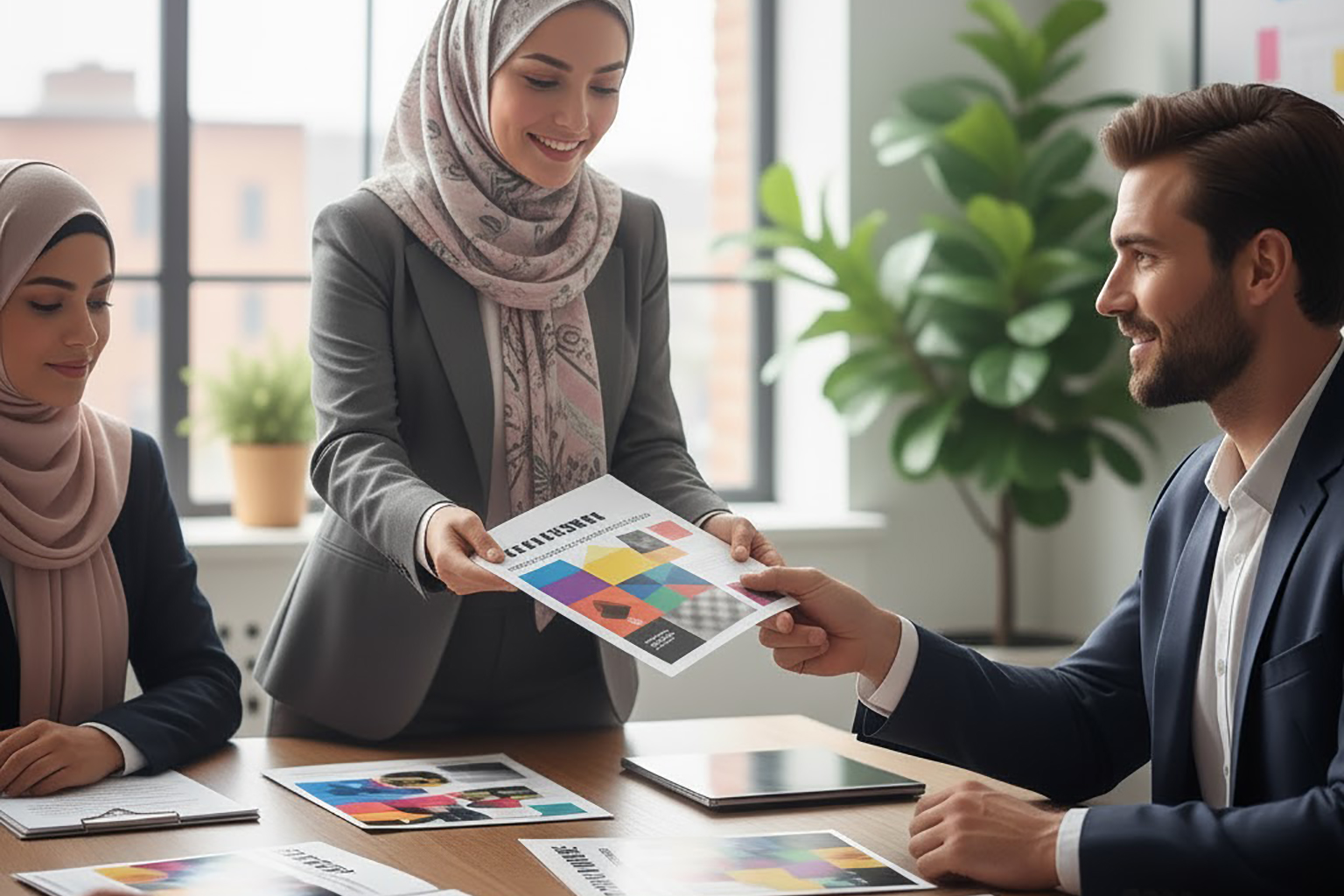 نمای عریض از یک جلسه کاری که در آن یک بازاریاب بروشور حرفه ای رنگی را به دست مشتری می دهد و چند بروشور دیگر روی میز دیده می شود.```