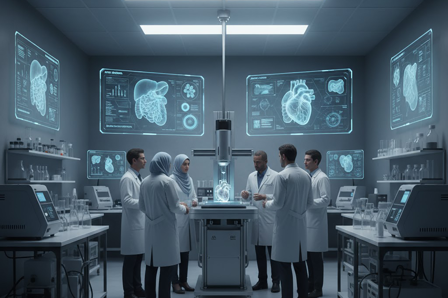 نمای عریض از یک آزمایشگاه بیمارستانی مدرن که در آن چند پژوهشگر در حال مشاهده عملکرد یک پرینتر سه بعدی زیستی هستند و مدل های اندام روی نمایشگر ها دیده می شود.