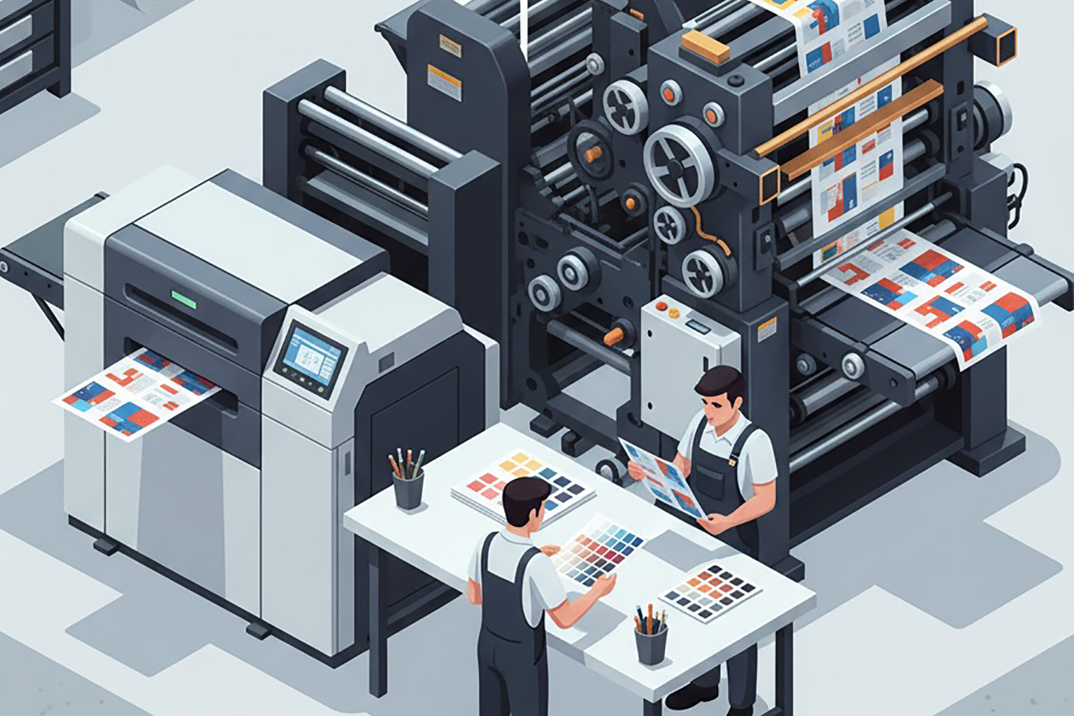 نمای عریض از داخل یک چاپخانه حرفه ای که در آن هم دستگاه چاپ دیجیتال و هم دستگاه افست در حال کار هستند و دو کارشناس بین آن ها در حال بررسی نمونه های چاپ شده روی میز هستند.