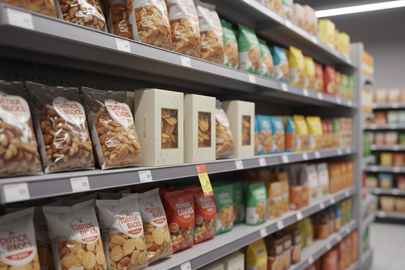 نمای عریض از قفسه فروشگاهی که در میان بسته های پلاستیکی قدیمی، جعبه های مقوایی جدید و لوکس آجیل به شکل واضحی متمایز و جذاب دیده می شوند.